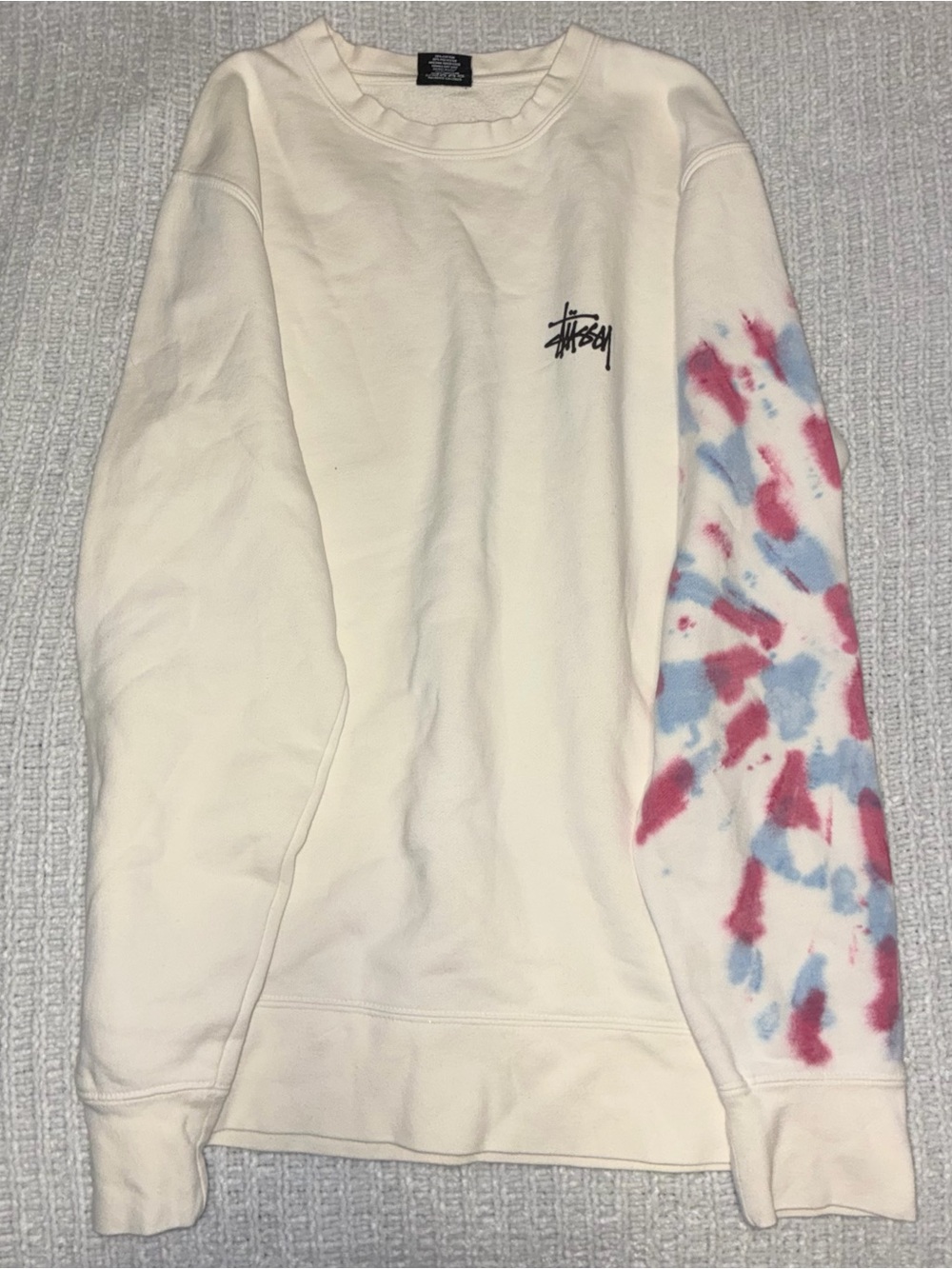 🆕 NWOT Stussy White Crewneck with Pastel Pink & Blue Tie-Dye Size Medium - Picture 3 of 9
